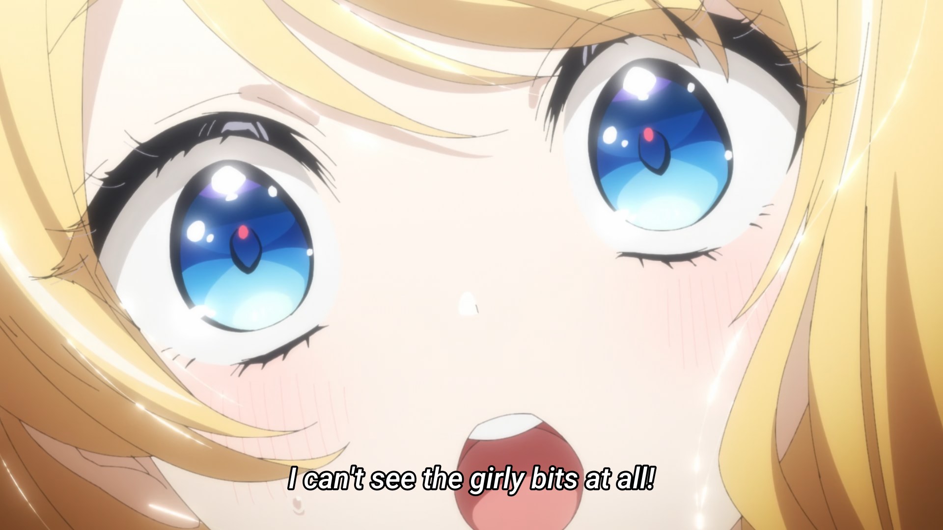 Extreme close up on a blue eyed, blonde haired anime girl saying 